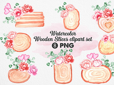 Watercolor floral wood slice clipart set
