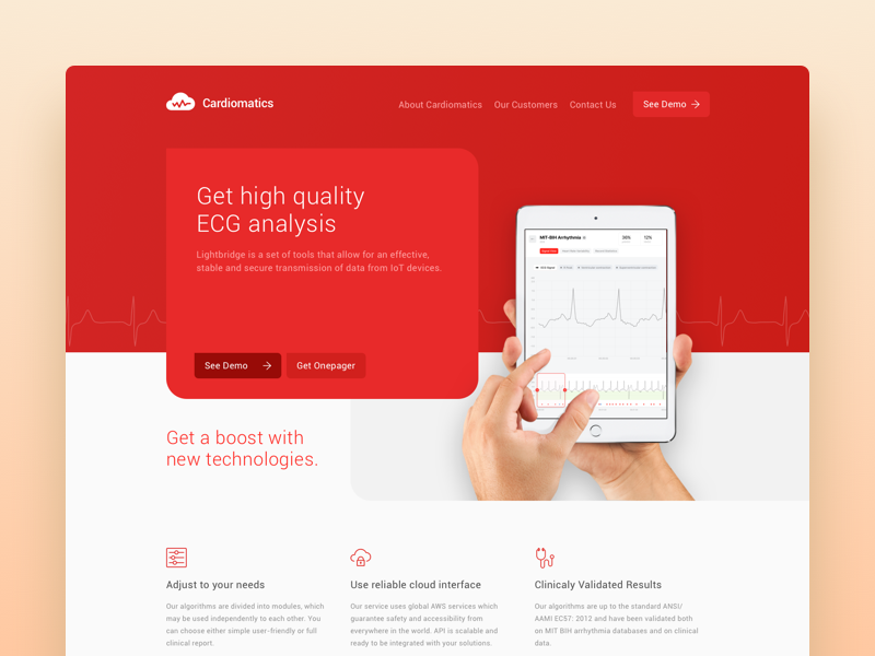 Cardiomatics Preview online contrast light fonts ipad medic health website landing page red