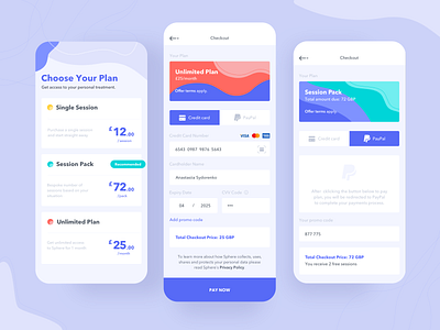Sphere - App Design #3 app app plans branding clean credit card design details health icon medical mindfulness mobile pack payment payment method paypal treatment typography ui ux