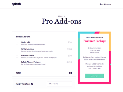 Splash Pro Add-On Page clean pricing table