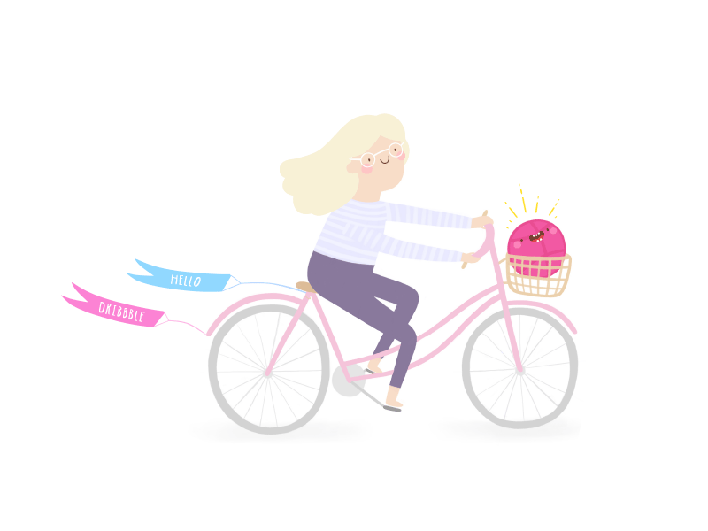 Hello Dribbble animation bicycle cartoon cute debut gif girl illustration