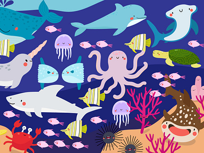 Undersea animal bookillustration cartoon character childish childrensbook cute fun illustration kid sea smiles summer undersea