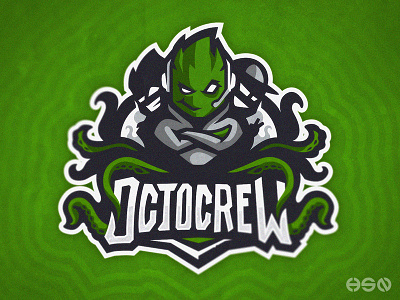 OCTOCREW OCTOPUS Mascot Logo bold branding cartoon character cartoons esports gamers gaming gaming logo green illustration logo logodesign mascot mascotlogo organization sportslogo team logo typography vector