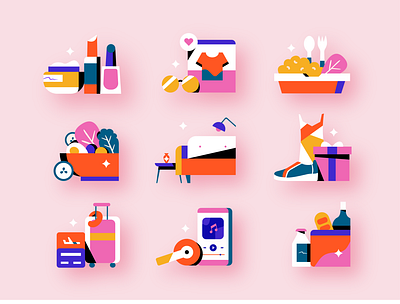 Shopping Icons app icon clothes cosmetic delivery food grocery home icon set icons illustration makeup music shoes shop shopping travel vector