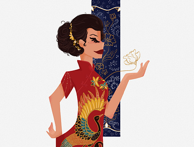 Lady in Batik Cheongsam 2d illustration characer design culture illustration portrait