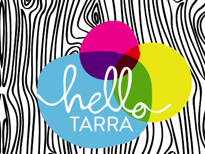 Hello Tarra Brand Refresh black cmyk cyan handlettered magenta script wood wood grain woodgrain yellow