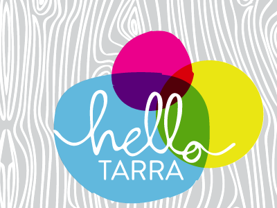 Hello Tarra Brand Refresh 2 cmyk cyan gray grey handlettered magenta script wood wood grain woodgrain yellow