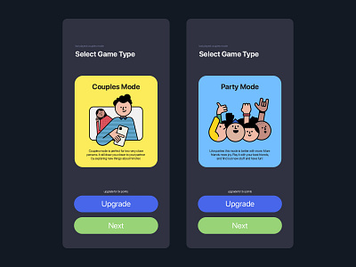 Select game type app design couples dark mode game hubi farago illustration party screen ui