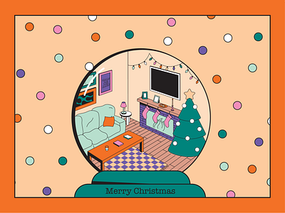 Christmas card 2021 christmas holiday holiday card home illustration isometric living room midcentury retro snowglobe vintage