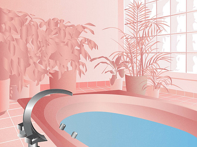 80s Interior bathroom bathtub design house plants illustration palm leaves pink retro vector vintage