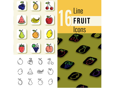 16 Line Fruit Icons app design fruit graphic design icons illustration line logo vector