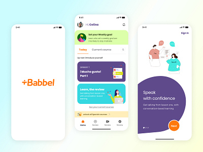 Redesign of the Babbel App. app brand identity educationapp graphic design home screen landinpage languageapp languange app concept mobileappdesign mockup design new ui splash screen ui ui uiux walkthrough