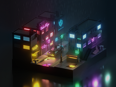 Night Loner 3d blender cyberpunk dark gamedesign gamesketch gloomy house illustration lights lowpoly moody night rain