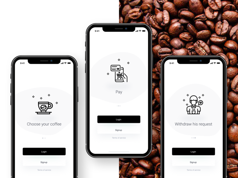 Proposal Coffee Ordering app - Onboarding app coffee design mobile onboarding order ordering payment product startup ui ux