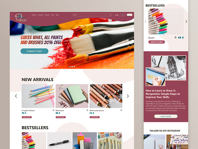 Homepage design for a new art supplies shop