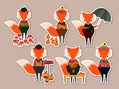 Fall fox stickers. animal animal stickers autumn cartoon character cooking cute fall forest animal fox fox character foxy graphic design halloween happy illustration pet pumpkin stickers vegetable