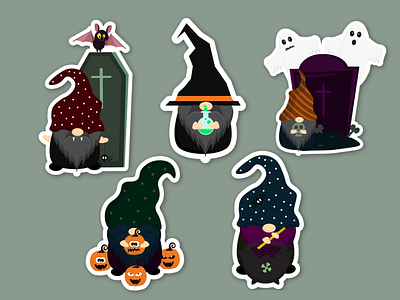 Halloween gnome stickers. animal stickers autumn beard cartoon character cute halloween design elf fairy fall ghost gnome graphic design halloween halloween gnome illustration pumpkin spider spooky stickers