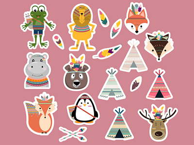 Tribal animal characters. animal character animal stickers autumn boho boho design camping cartoon character cute animal design forest frog graphic design illustration lion penguin spring stickers summer tribal