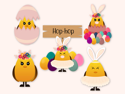 Hop hop bunny animal bunny cartoon character chick chicken cock design easter egg farm graphic design happy easter hen illustration pet rabbit rooster spring stickers