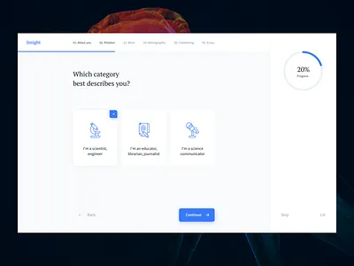 Wizard for Interactive platform for the scientific community answer blue category checkbox choose description icons layout networs numbers platform position product design progress question questionnaire science scientists steps wizard