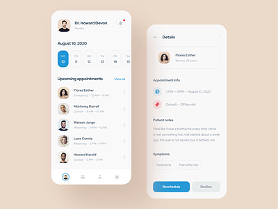 Mobile app for the dentist actions app appointment avatars calendar dentist design details page doctor medicine mentalstack mobile patient product design profile scheduling services tab menu upcoming users
