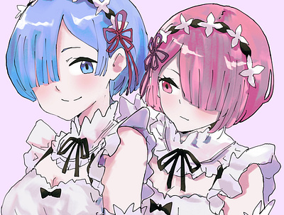 ram & rem re zero anime art character cute girl design character drawing illustration maid