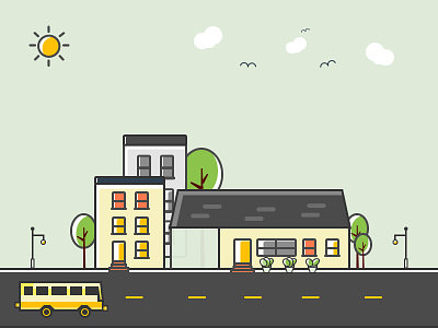 Sun, House, Tree, Road, Vehicle Illustration