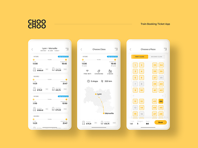 Train and seat selection process - Train Booking Ticket App app flat map route seats ticket app ticket booking tickets train typography ui ux yellow