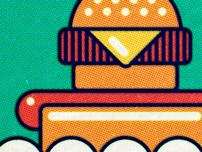Hamburger Cheeseburger Hotdog WIP art show cheeseburger color event halftone hamburger hot dog hotdog illustration midcentury modern pop pop art poster superprecious vector vintage