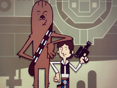 Han Solo & Chewie in Mos Eisley Spaceport cartoon chewbacca han solo illustration invisibleelement millenium falcon modern retro sketch star wars upa