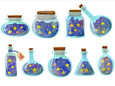 Bottled stars bottle cartoon illustrator magic night stars textured vector watercolor