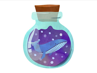 Whale in the bottle. blue bottle fantasy illustrator ocean textured vector watercolor whale