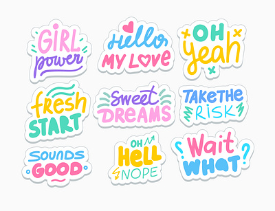 Cute stickers cartoon hand drawn lettering messages simple slang sticker stickers vector