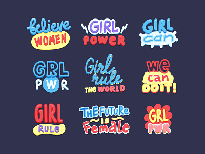 Gender equality letterings set. cartoon feminism girl girl can girl rule hand draw power slogan sticker