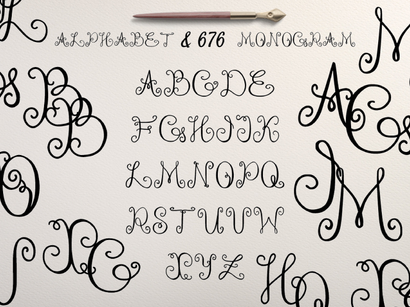 Monogram font handrawn ink curl font vector monogram