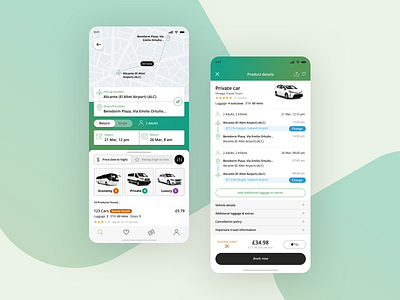 Ride booking App product card search results