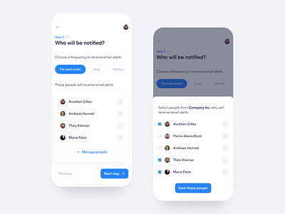 Headhunting App – Mobile alerts app backdrop blue checkbox event form mobile modal modern minimal notifications product design step ui