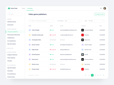 Email Finder – Results accordion app app design application csv desktop email filter green list nav pagination save search table ui