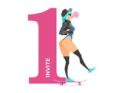 Invite Giveaway away bubble gum character dribbble female free give giveaway invite invites ride skate skater