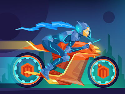 February 2019 Atwix Blog Illustration 2 atwix bike character e commerce ecommerce flat future magento minimalism neon space store