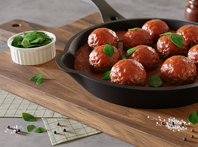 Juicy meatballs with tomato sauce and basil (3D) (CGI) 3d cgi food food photography food styling