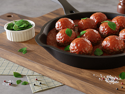 Juicy meatballs with tomato sauce and basil (3D) (CGI)