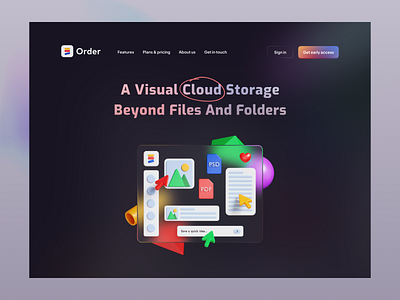 Order HQ Hero Section 3d art 3d icon b3d blender cloud cta dark dashboard document foolder glass glassmorphism hero illustration landing landing page storage ui