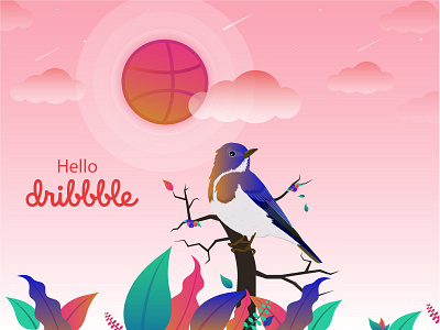 Hello Dribbble! beautiful birds branches colorful creative design hello dribbble illustration leafs