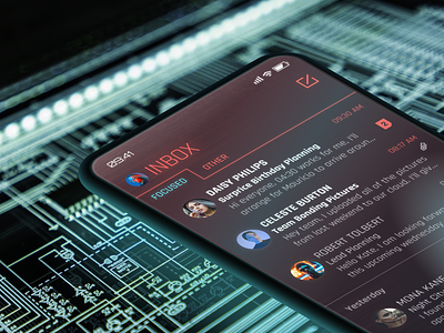 Outlook 2077 - What does an email app look like in the future? app cyberpunk design email flat future mail messaging microsoft minimal mobile neon outlook product design smartphone ui ux