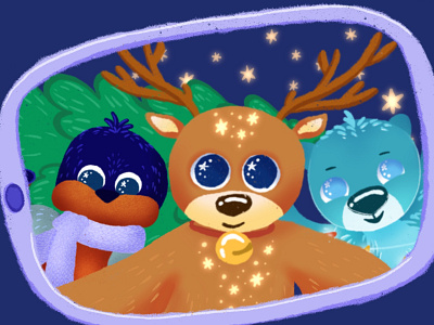 A deer, a bullfinch, and a bear. Children's illustration.