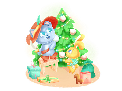 New Year's illustration. baby bunny book illustration bunny children illustrator childrens illustration christmas christmas decorations christmas tree for children funny story holiday holiday toys illustration for children illustrator kitten little kitten new years illustration toys