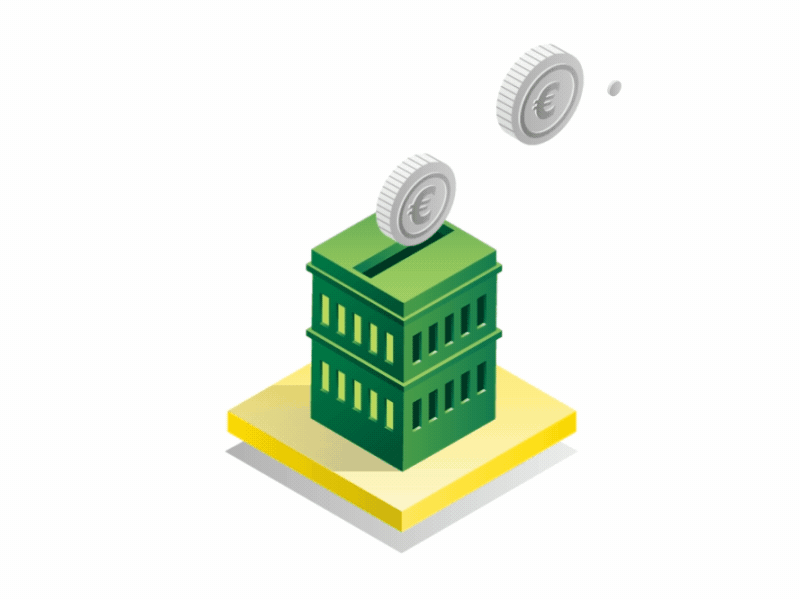 Moneybox animation box building coins grow isometric money motion
