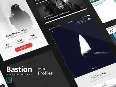 Bastion Mobile UI Kit | #03 Profiles account flat kit mobile photoshop profile screen settings ui user ux