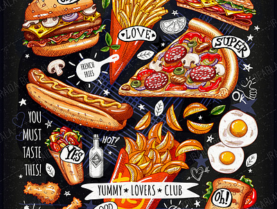 Fast Food Poster black branding burger cafe cartoon chalk chalkboard design fast food food food illustration food poster graphic design illustration logo menu pizza poster restaurant vector